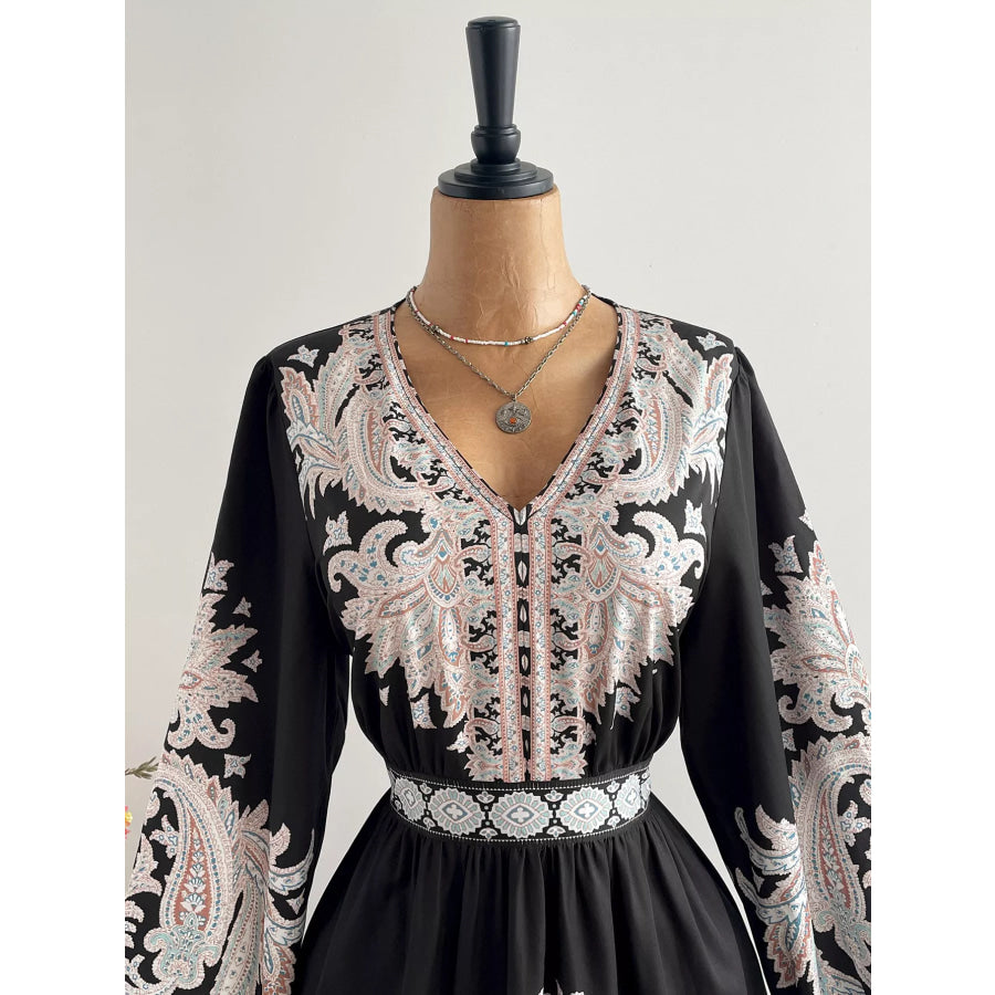 Plus Size Printed V-Neck Balloon Sleeve Dress Apparel and Accessories