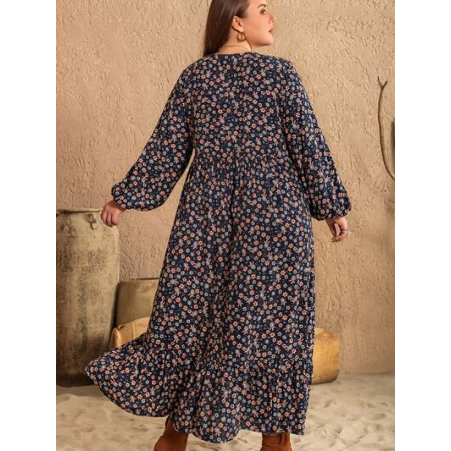 Plus Size Printed V - Neck Balloon Sleeve Dress Clothing