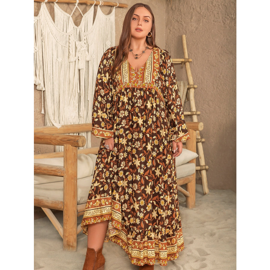 Plus Size Printed V-Neck Balloon Sleeve Dress Multicolor / 0XL Apparel and Accessories