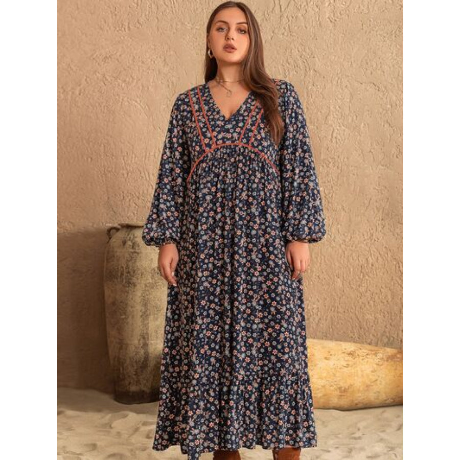 Plus Size Printed V - Neck Balloon Sleeve Dress Navy / 0XL Clothing