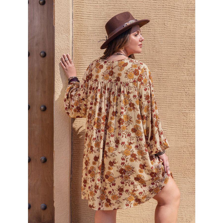 Plus Size Printed V-Neck Balloon Sleeve Mini Dress Tan / 0XL Apparel and Accessories