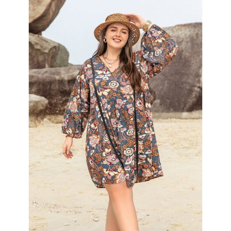 Plus Size Printed V-Neck Balloon Sleeve Mini Dress Charcoal / 0XL Clothing