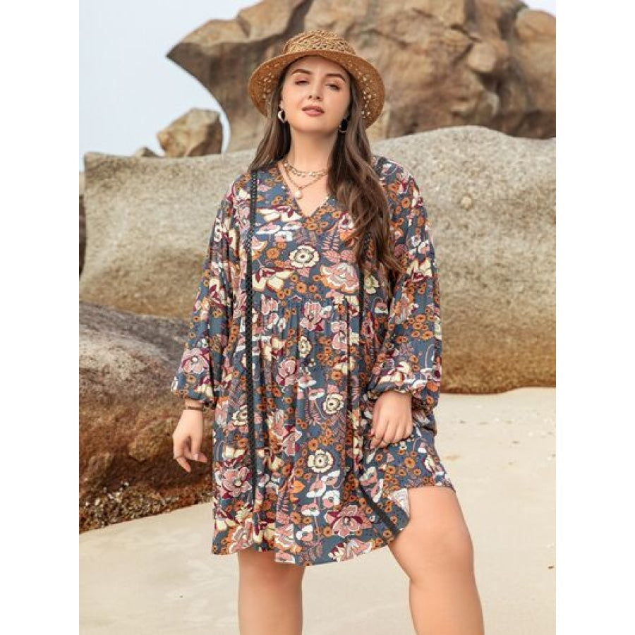 Plus Size Printed V-Neck Balloon Sleeve Mini Dress Clothing