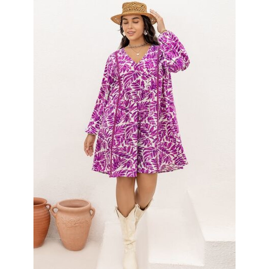 Plus Size Printed V-Neck Balloon Sleeve Mini Dress Clothing