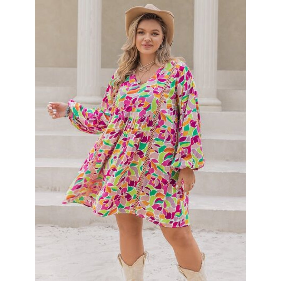 Plus Size Printed V-Neck Balloon Sleeve Mini Dress Clothing