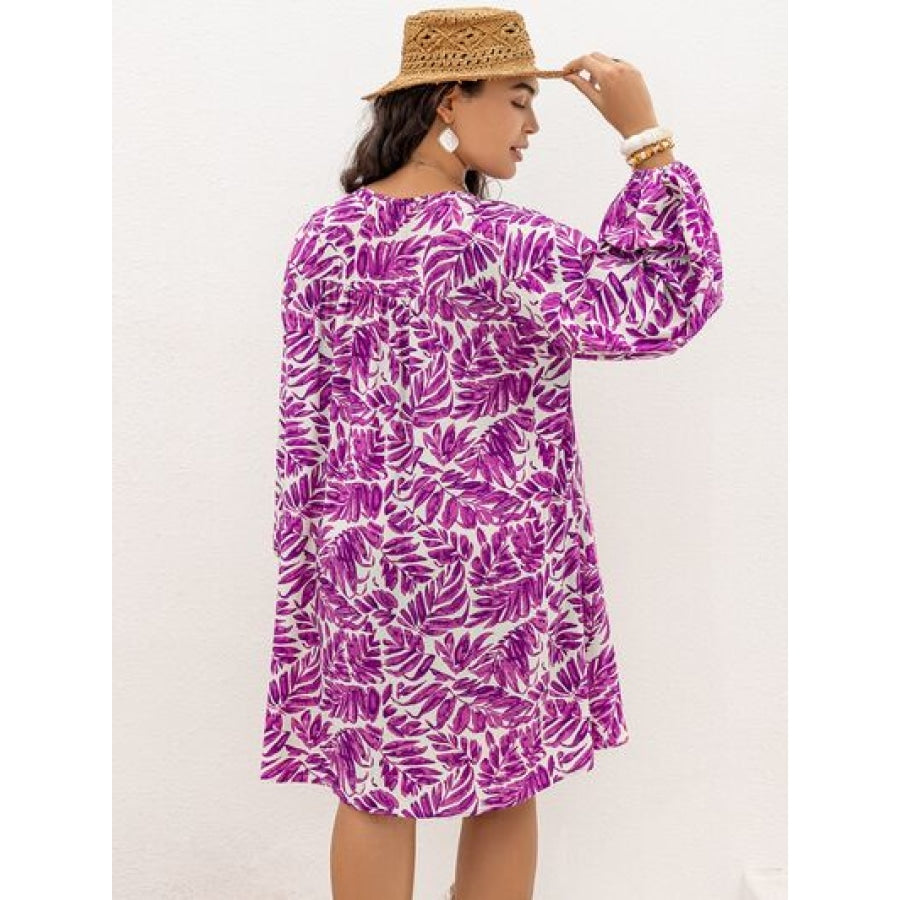 Plus Size Printed V-Neck Balloon Sleeve Mini Dress Clothing