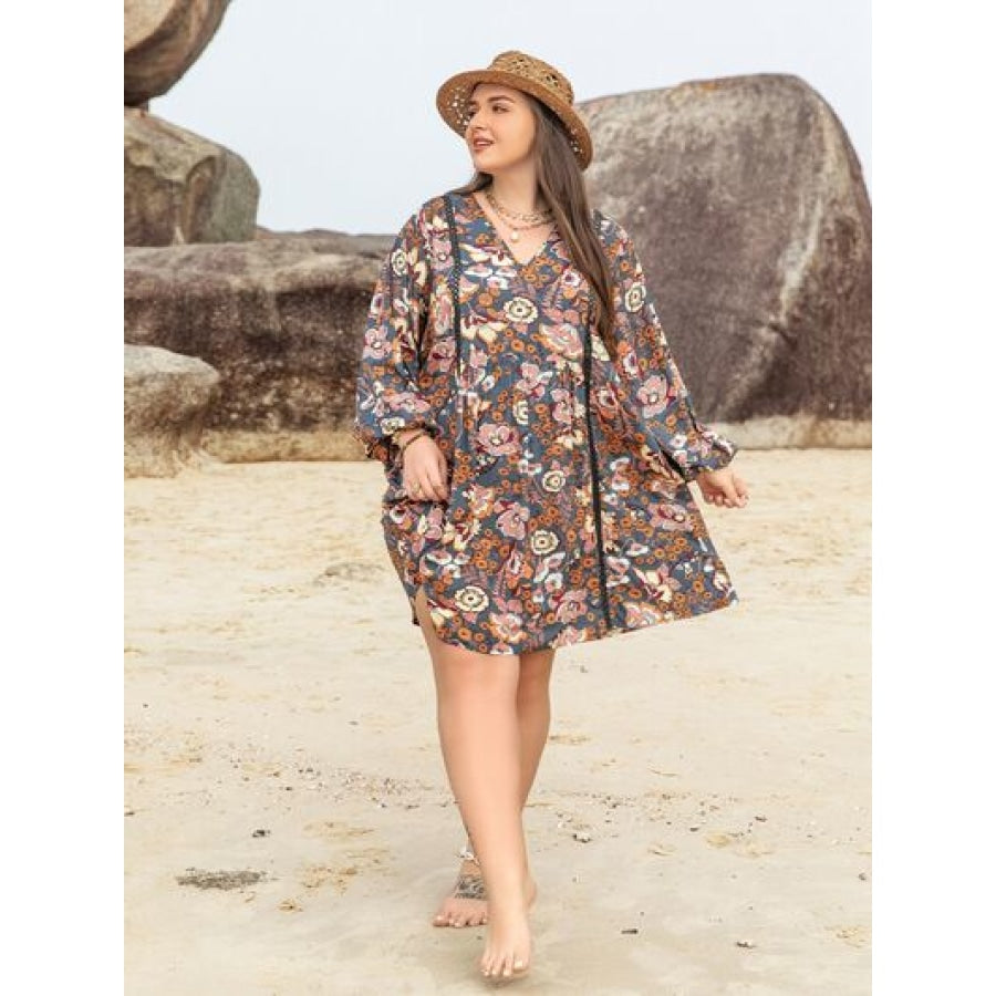 Plus Size Printed V-Neck Balloon Sleeve Mini Dress Clothing