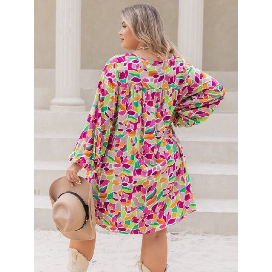 Plus Size Printed V-Neck Balloon Sleeve Mini Dress Clothing