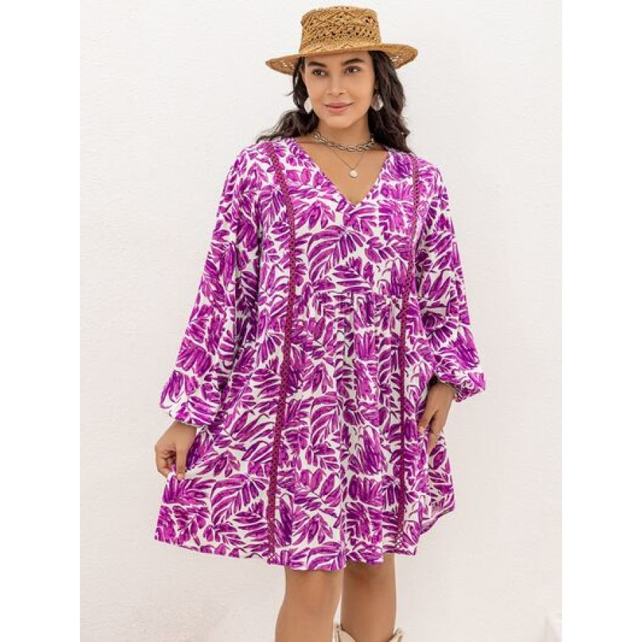 Plus Size Printed V-Neck Balloon Sleeve Mini Dress Clothing