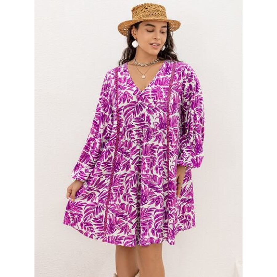 Plus Size Printed V-Neck Balloon Sleeve Mini Dress Fuchsia / 0XL Clothing