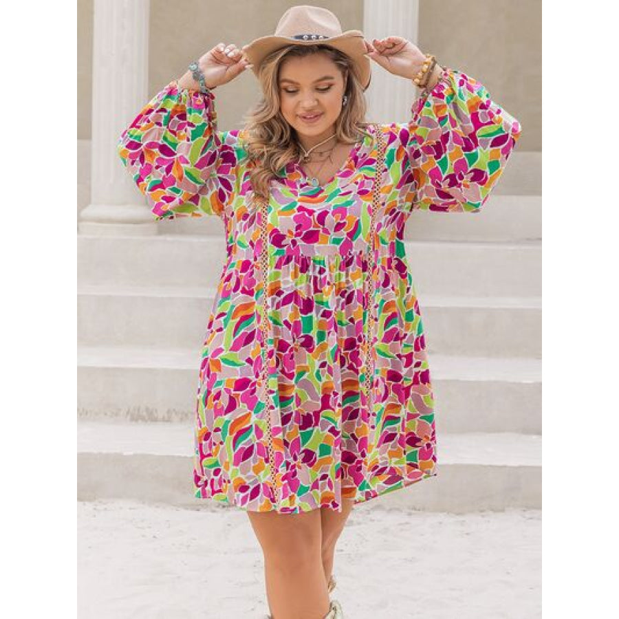 Plus Size Printed V-Neck Balloon Sleeve Mini Dress Multicolor / 0XL Clothing