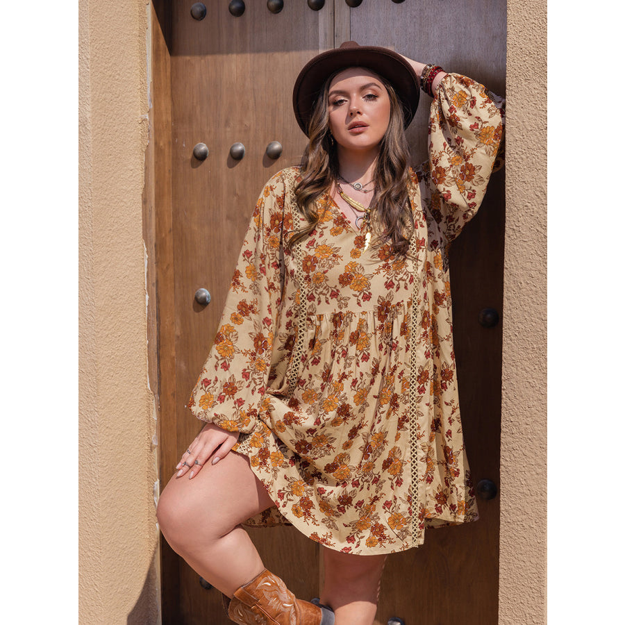 Plus Size Printed V-Neck Balloon Sleeve Mini Dress Tan / 0XL Apparel and Accessories