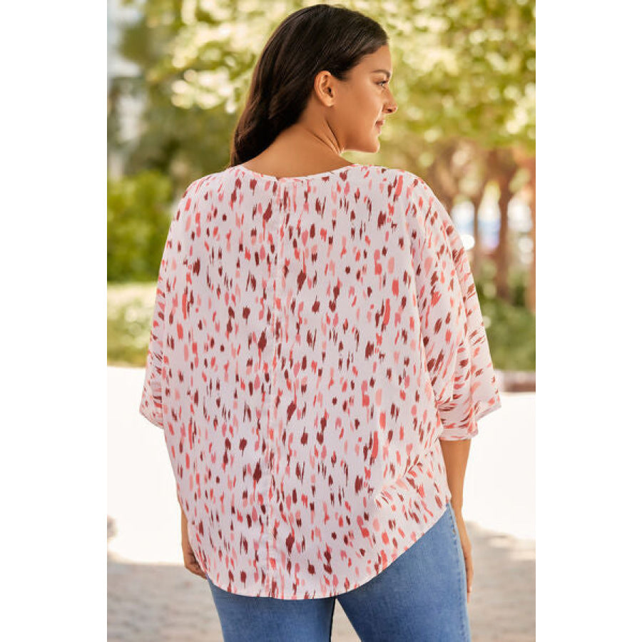 Plus Size Printed V - Neck Blouse Apparel and Accessories