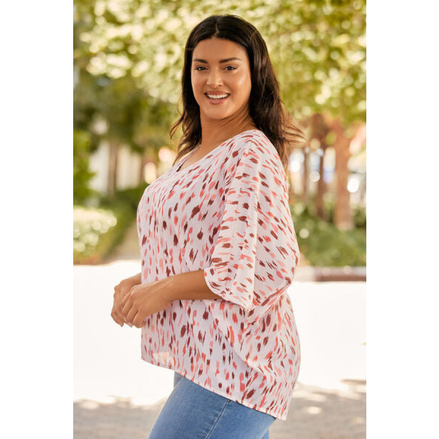 Plus Size Printed V - Neck Blouse Apparel and Accessories