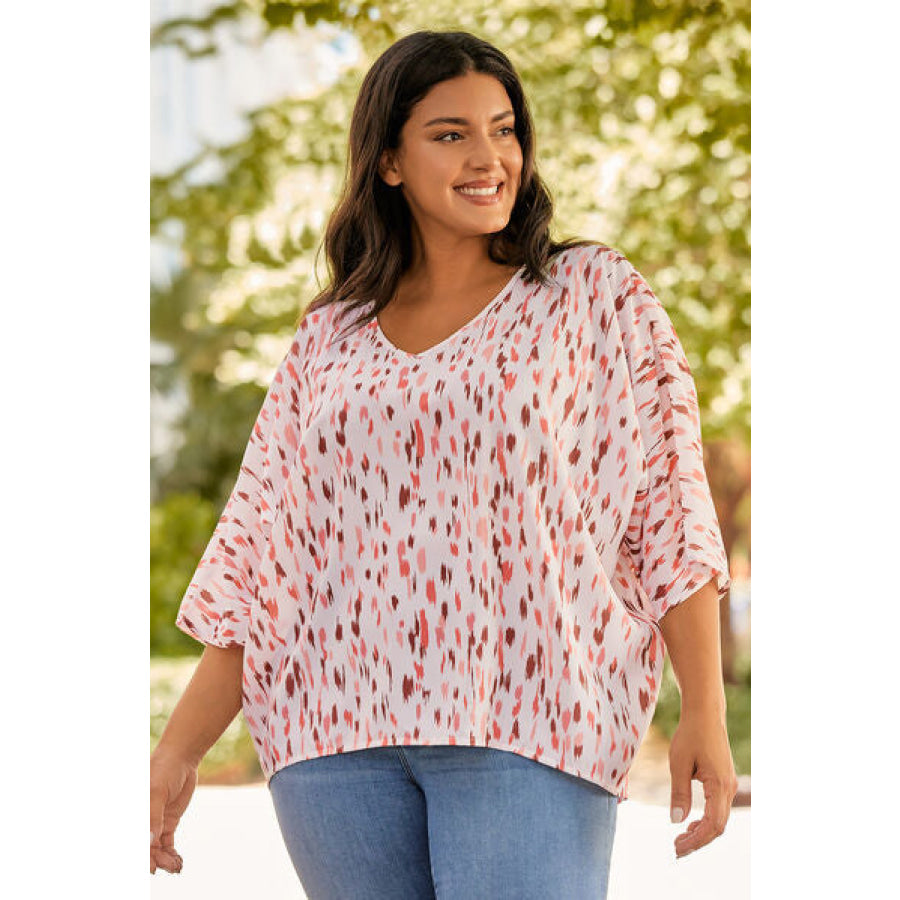 Plus Size Printed V - Neck Blouse Apparel and Accessories