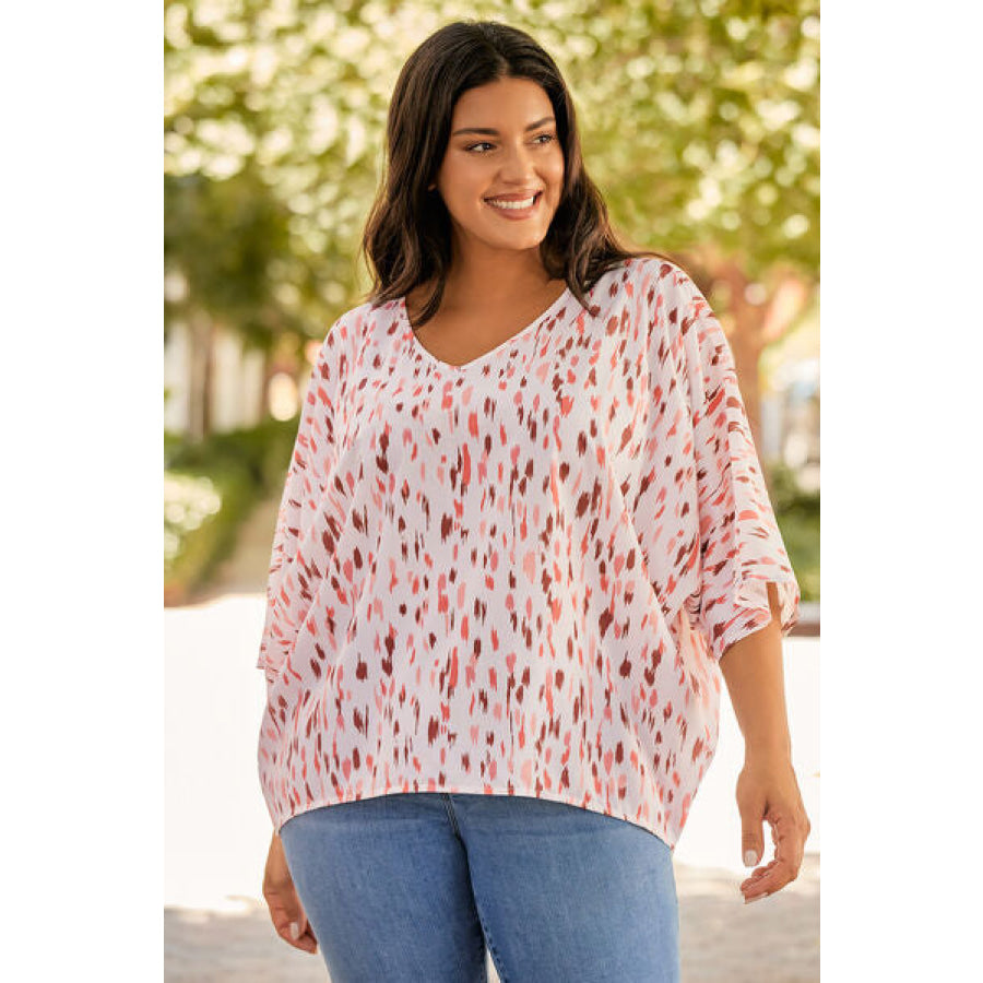 Plus Size Printed V - Neck Blouse Apparel and Accessories