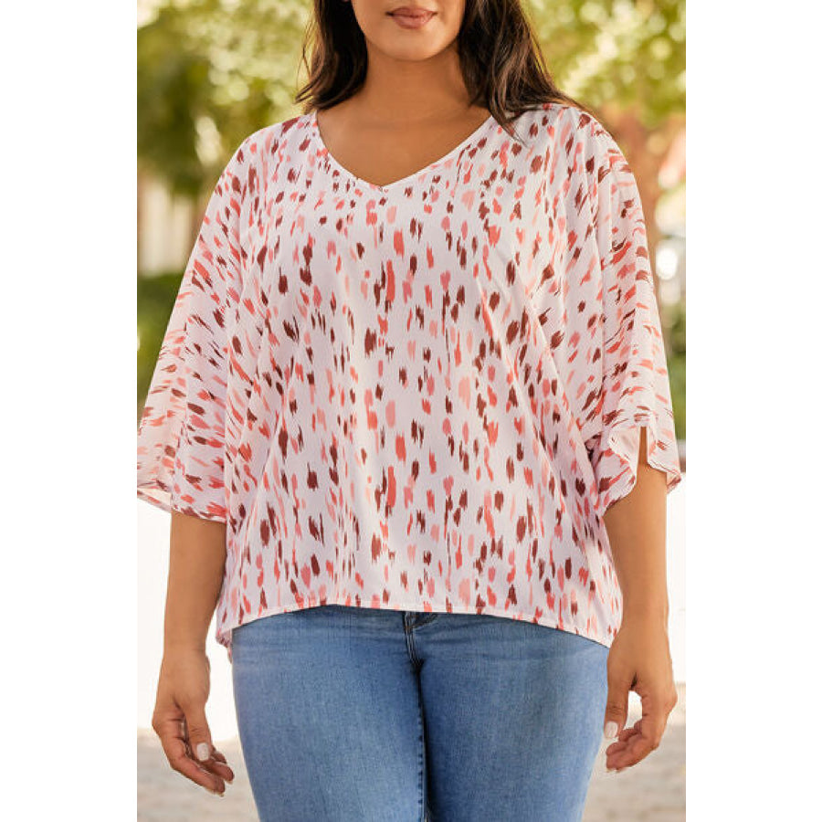 Plus Size Printed V - Neck Blouse Burnt Coral / 1XL Apparel and Accessories