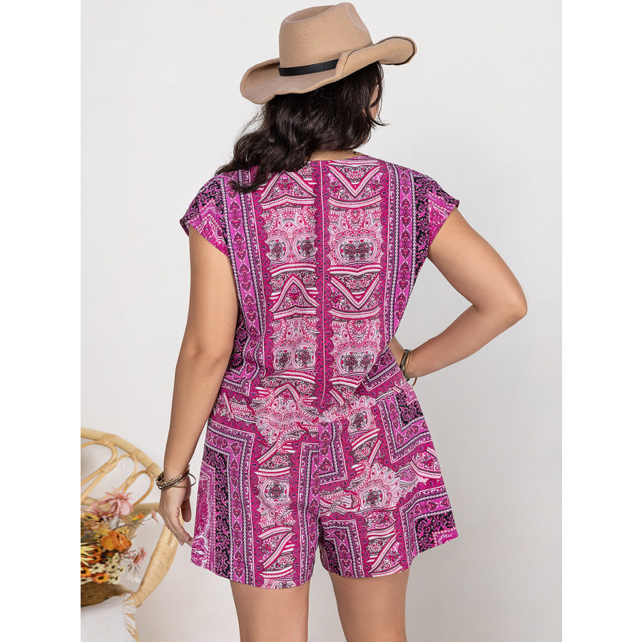 Plus Size Printed V-Neck Cap Sleeve Romper Heliotrope Purple / 0XL Jumpsuits and Rompers