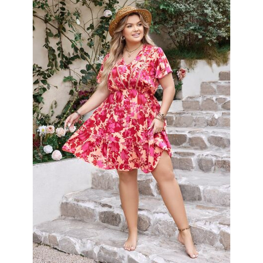 Plus Size Printed V - Neck Flutter Sleeve Dress Apparel and Accessories