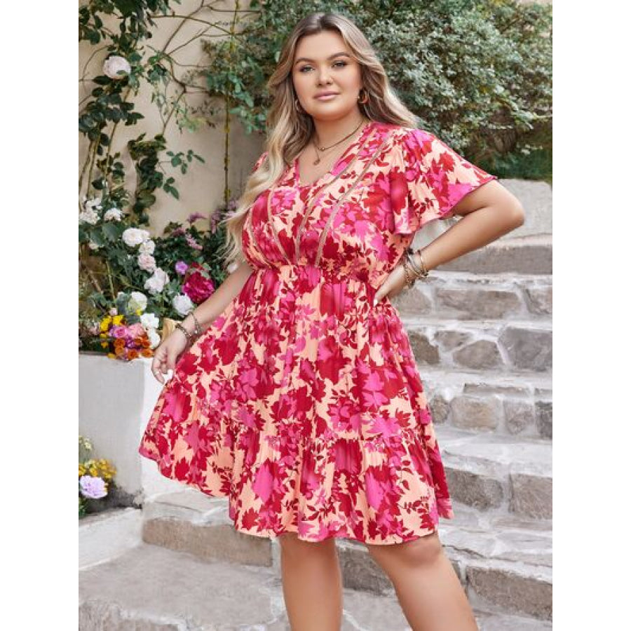 Plus Size Printed V - Neck Flutter Sleeve Dress Strawberry / 1XL Apparel and Accessories