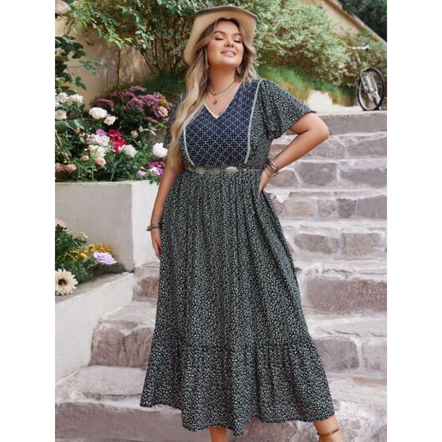 Plus Size Printed V - Neck Flutter Sleeve Midi Dress Apparel and Accessories