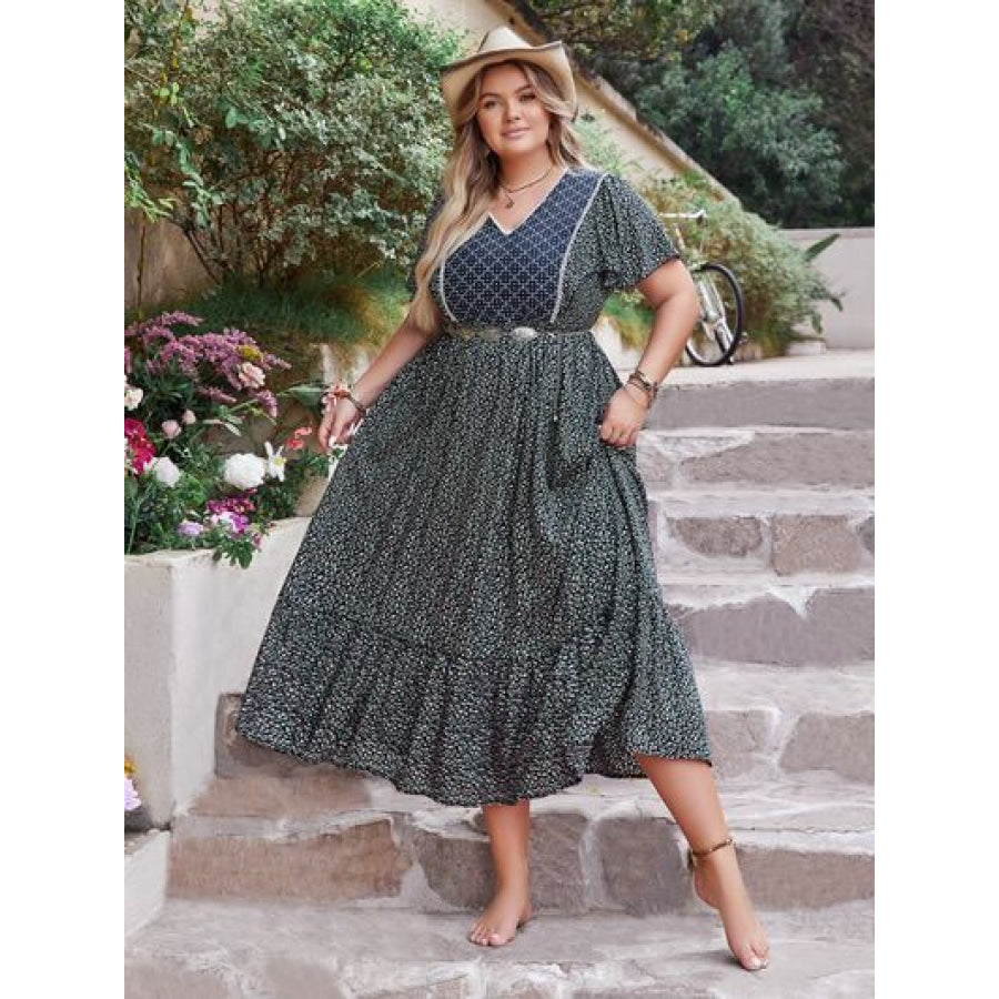 Plus Size Printed V - Neck Flutter Sleeve Midi Dress Apparel and Accessories