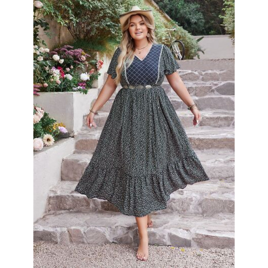 Plus Size Printed V - Neck Flutter Sleeve Midi Dress Apparel and Accessories