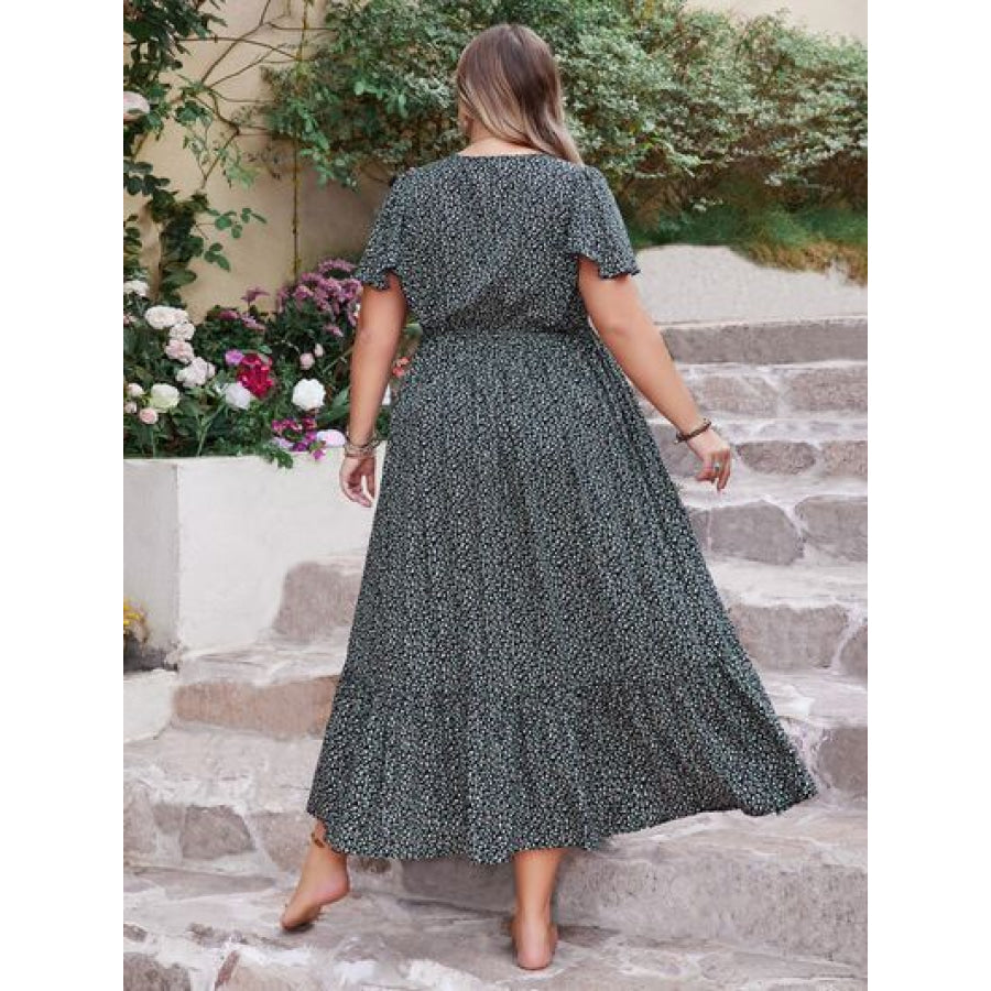 Plus Size Printed V - Neck Flutter Sleeve Midi Dress Apparel and Accessories