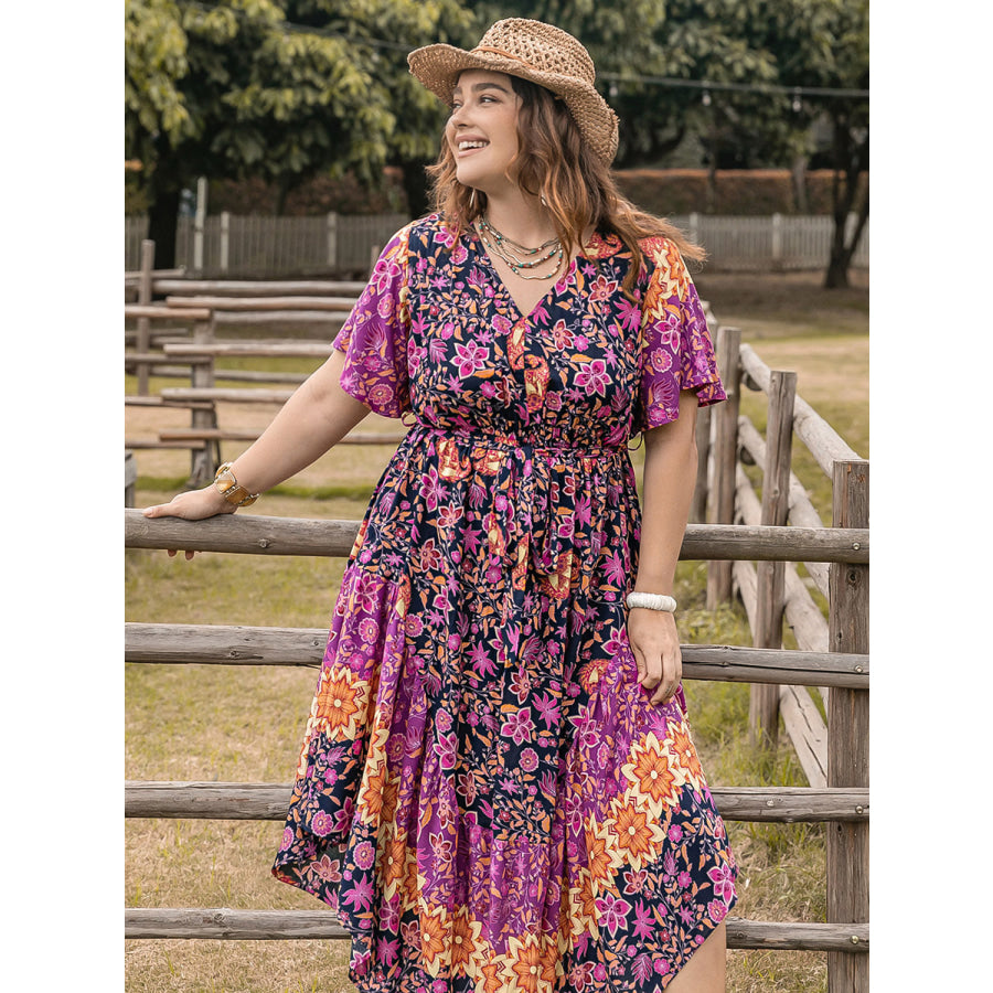 Plus Size Printed V-Neck Flutter Sleeve Midi Dress Dress