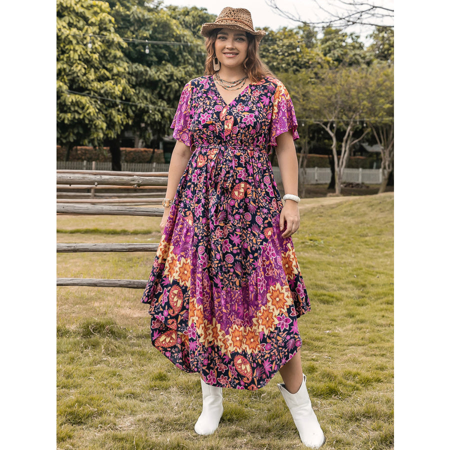 Plus Size Printed V-Neck Flutter Sleeve Midi Dress Dress