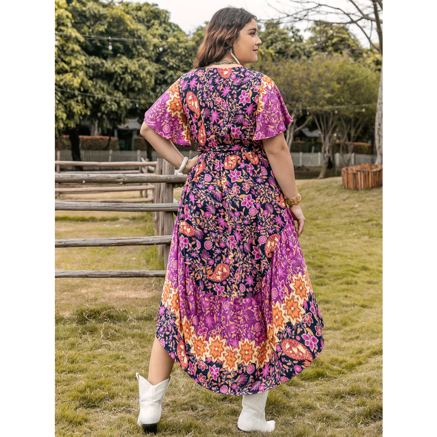 Plus Size Printed V-Neck Flutter Sleeve Midi Dress Dress