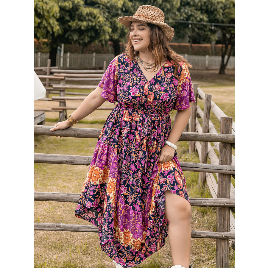 Plus Size Printed V-Neck Flutter Sleeve Midi Dress Dress