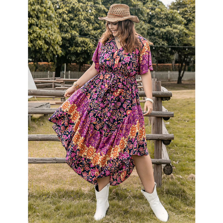 Plus Size Printed V-Neck Flutter Sleeve Midi Dress Dress