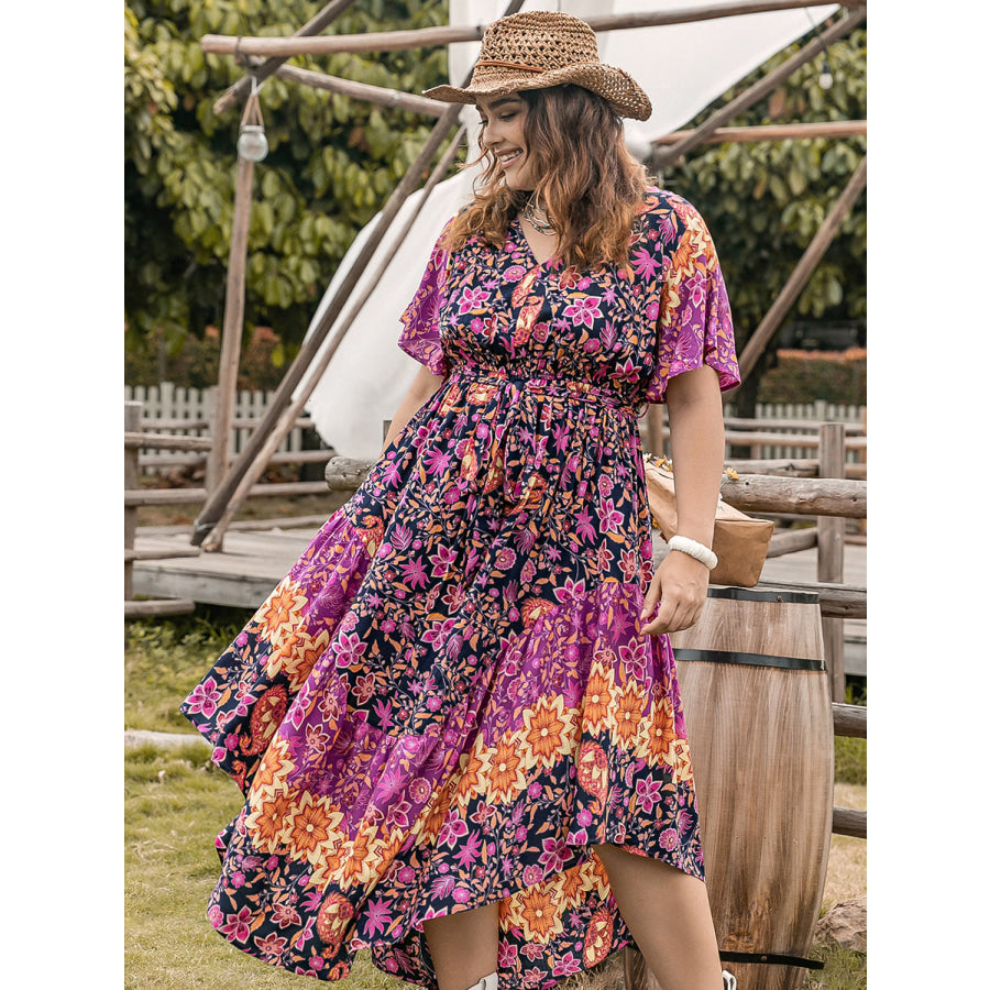 Plus Size Printed V-Neck Flutter Sleeve Midi Dress Vivid Violet / 0XL Dress