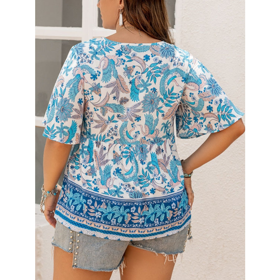 Plus Size Printed V-Neck Half Sleeve Blouse Apparel and Accessories