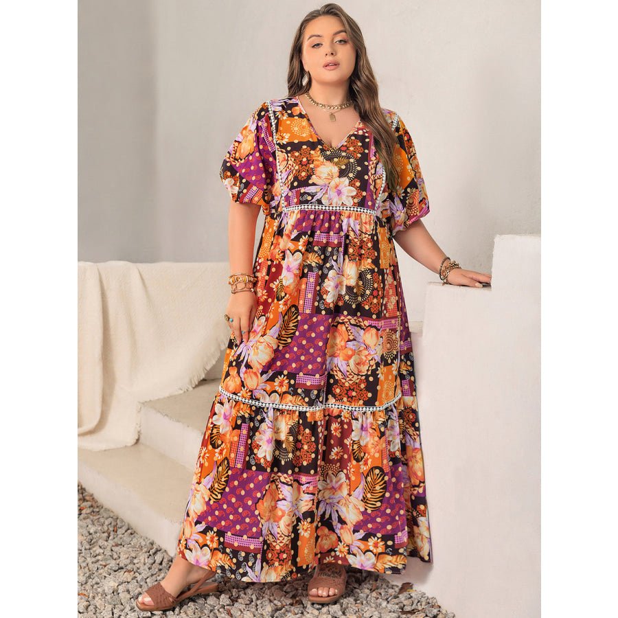 Plus Size Printed V-Neck Half Sleeve Maxi Dress Apparel and Accessories