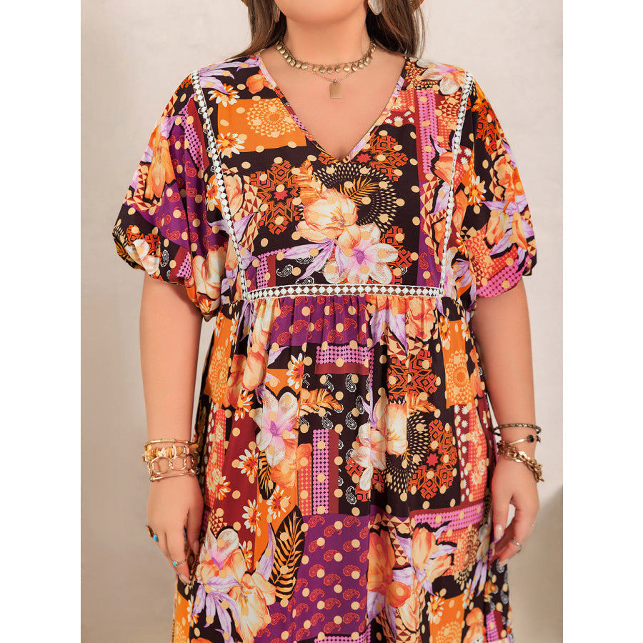 Plus Size Printed V-Neck Half Sleeve Maxi Dress Apparel and Accessories