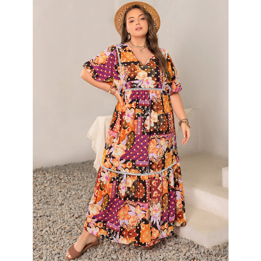 Plus Size Printed V-Neck Half Sleeve Maxi Dress Apparel and Accessories