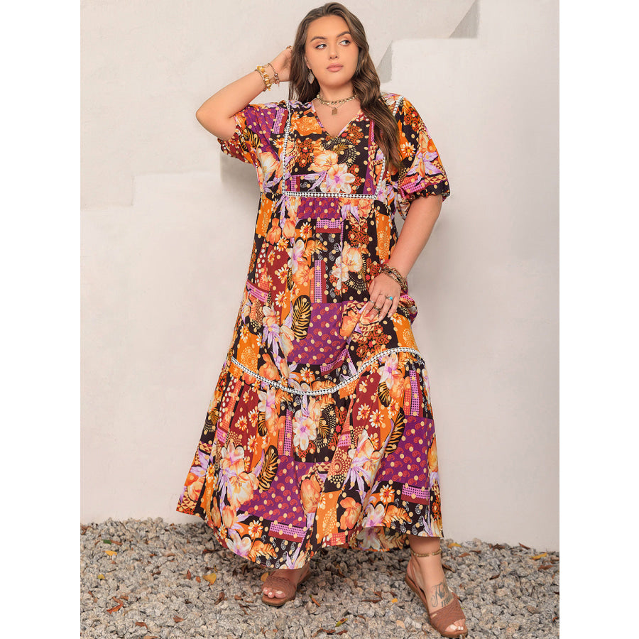 Plus Size Printed V-Neck Half Sleeve Maxi Dress Apparel and Accessories