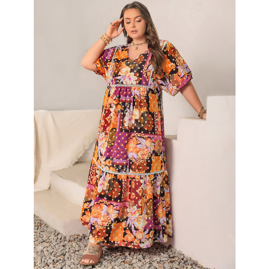 Plus Size Printed V-Neck Half Sleeve Maxi Dress Apparel and Accessories