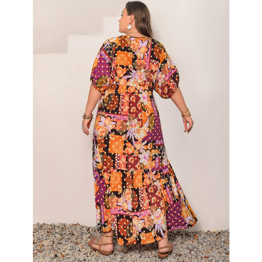 Plus Size Printed V-Neck Half Sleeve Maxi Dress Apparel and Accessories