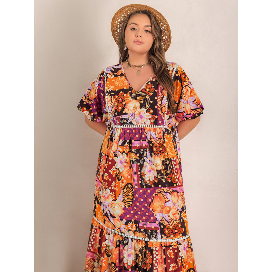 Plus Size Printed V-Neck Half Sleeve Maxi Dress Apparel and Accessories