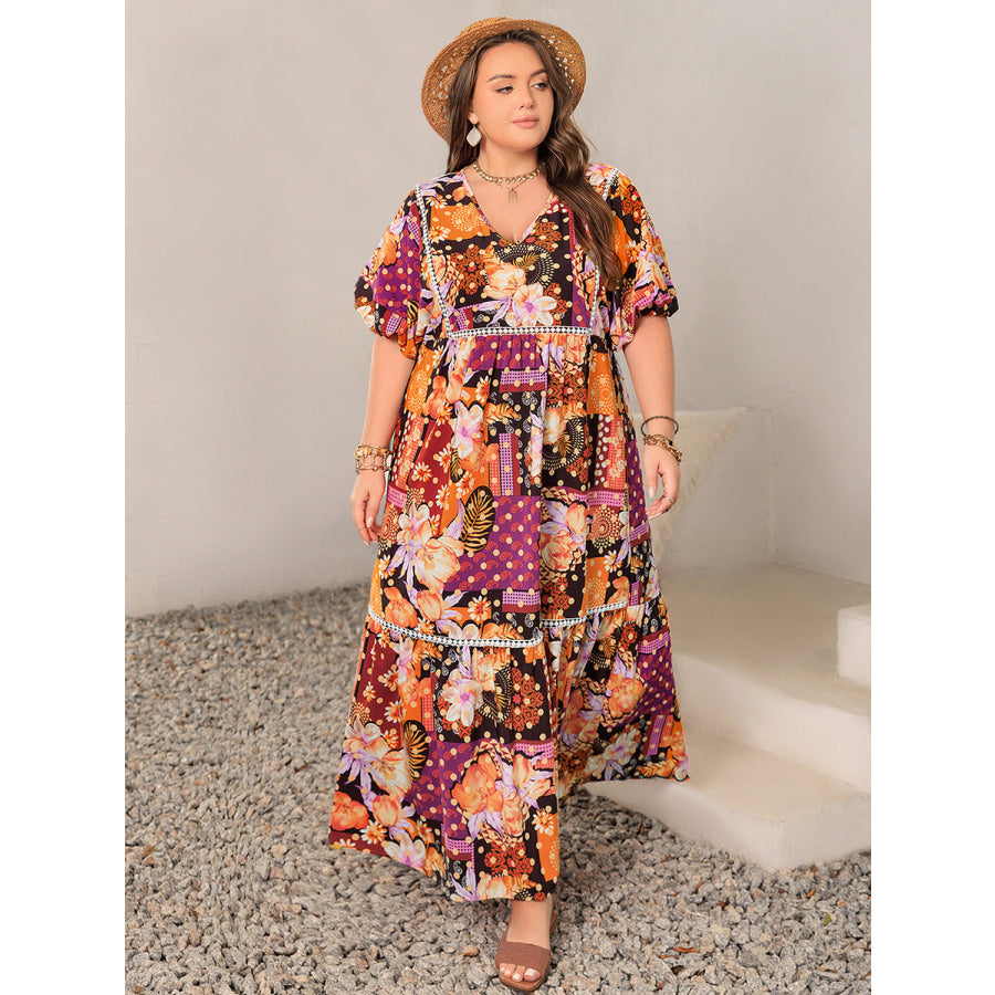 Plus Size Printed V-Neck Half Sleeve Maxi Dress Multicolor / 0XL Apparel and Accessories