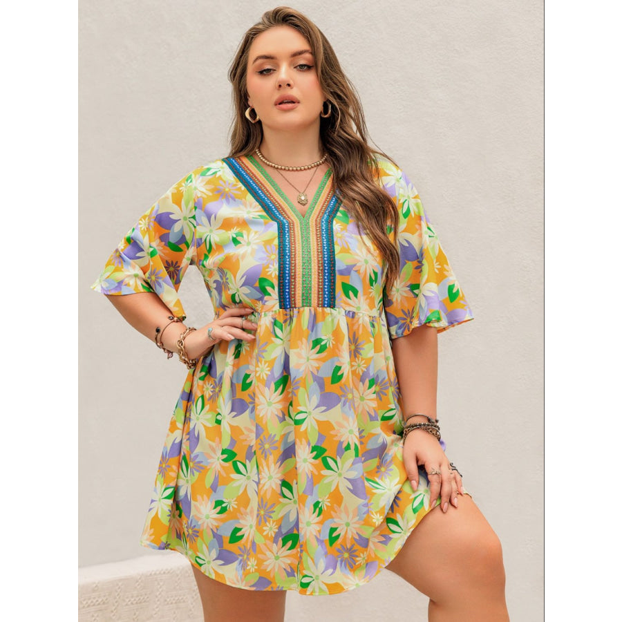 Plus Size Printed V-Neck Half Sleeve Mini Dress Apparel and Accessories