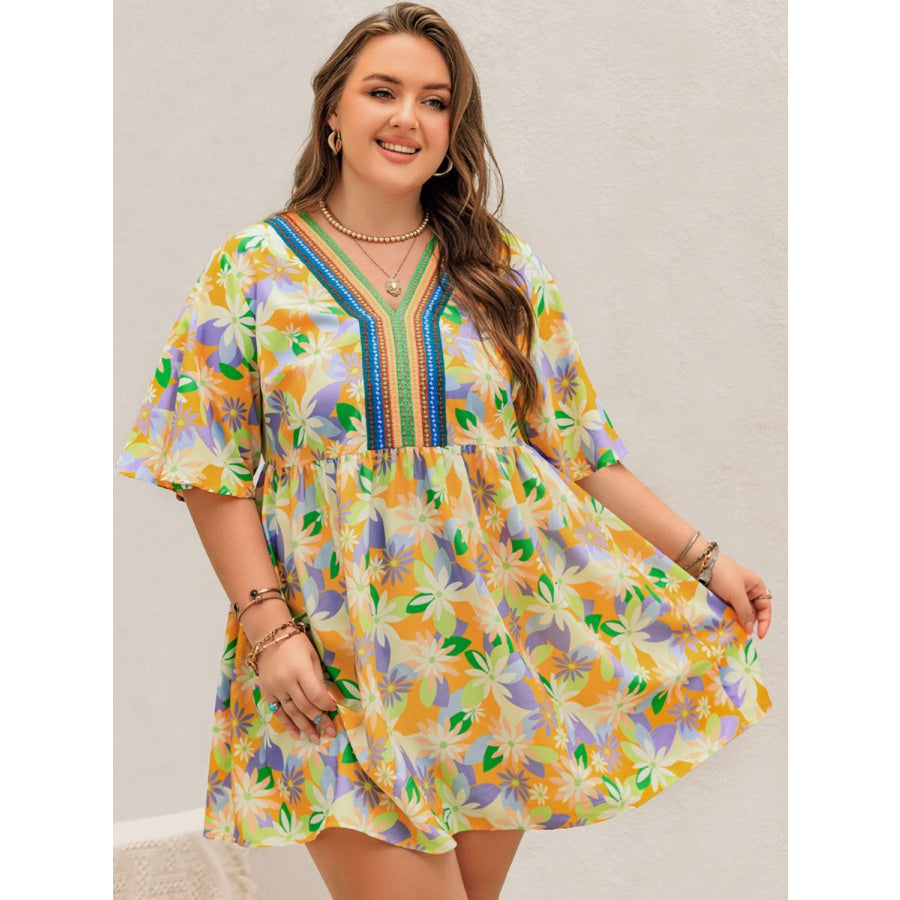 Plus Size Printed V-Neck Half Sleeve Mini Dress Apparel and Accessories