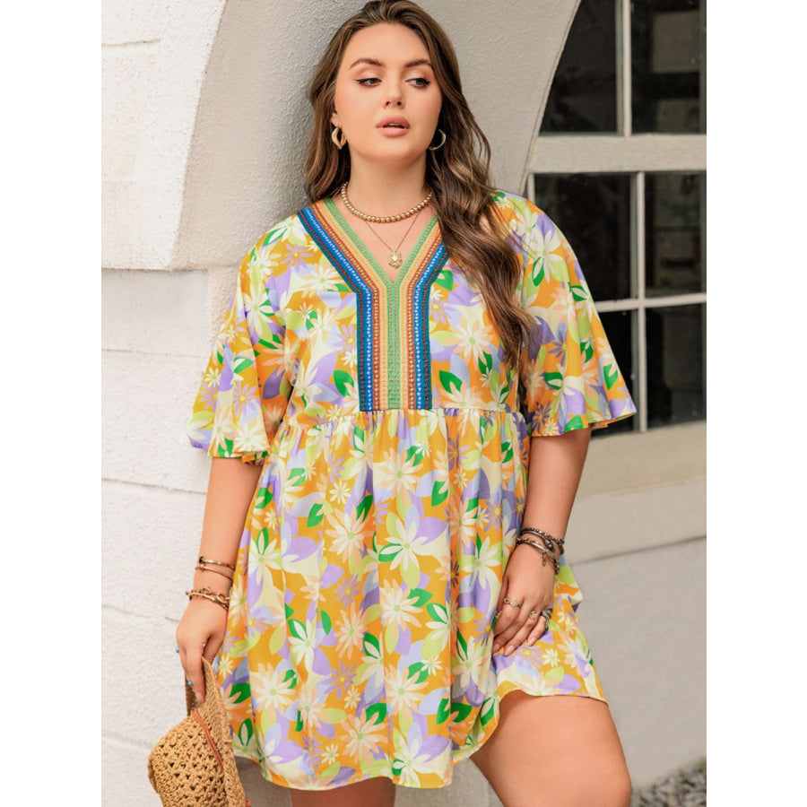 Plus Size Printed V-Neck Half Sleeve Mini Dress Apparel and Accessories