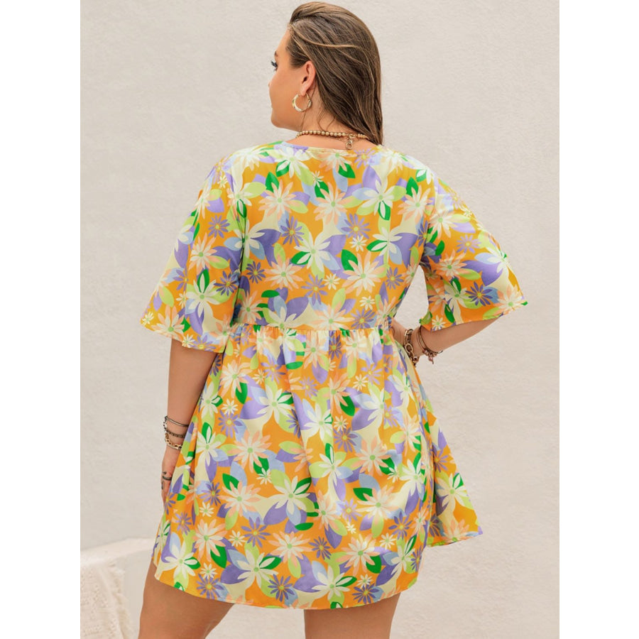 Plus Size Printed V-Neck Half Sleeve Mini Dress Apparel and Accessories