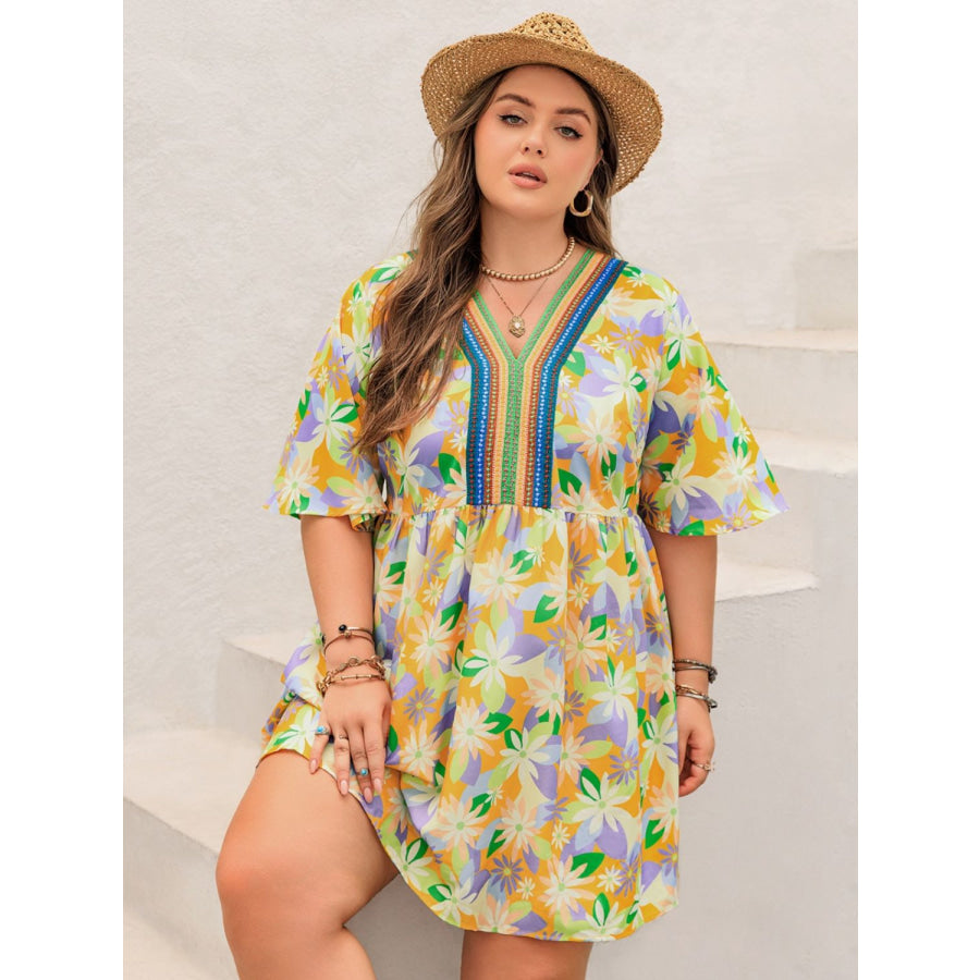 Plus Size Printed V-Neck Half Sleeve Mini Dress Yellow / 0XL Apparel and Accessories