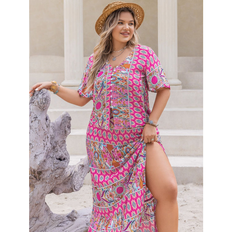 Plus Size Printed V-Neck Half Sleeve Top and Skirt Set Apparel and Accessories