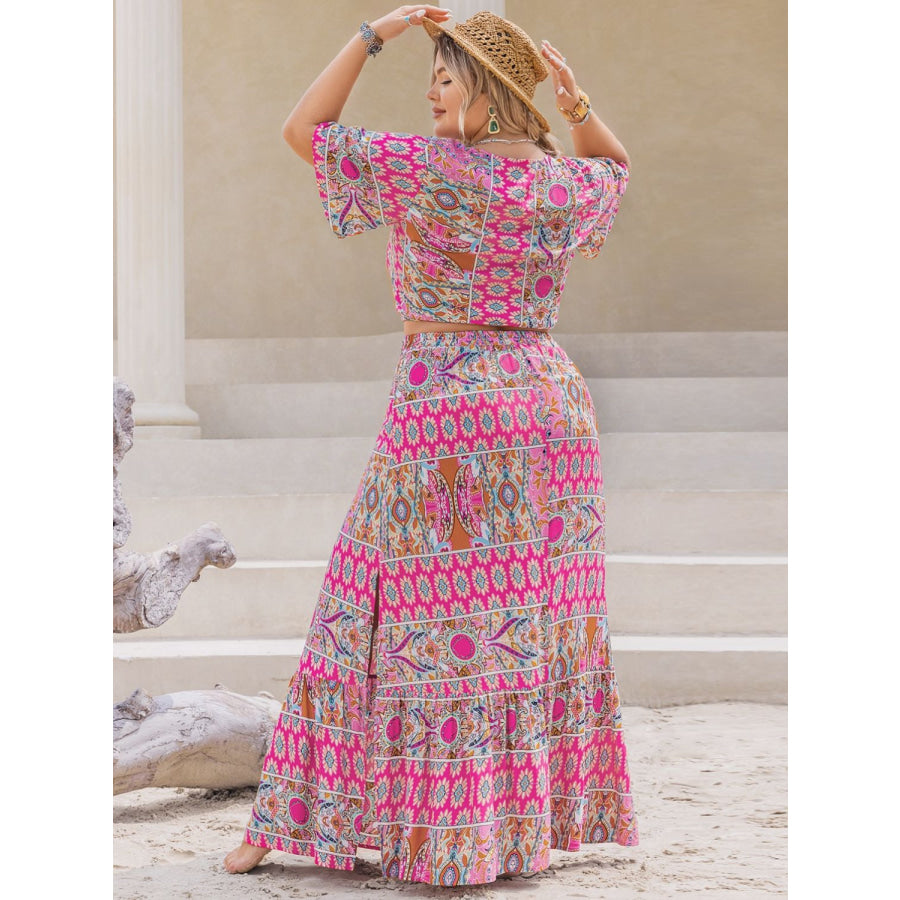 Plus Size Printed V-Neck Half Sleeve Top and Skirt Set Apparel and Accessories